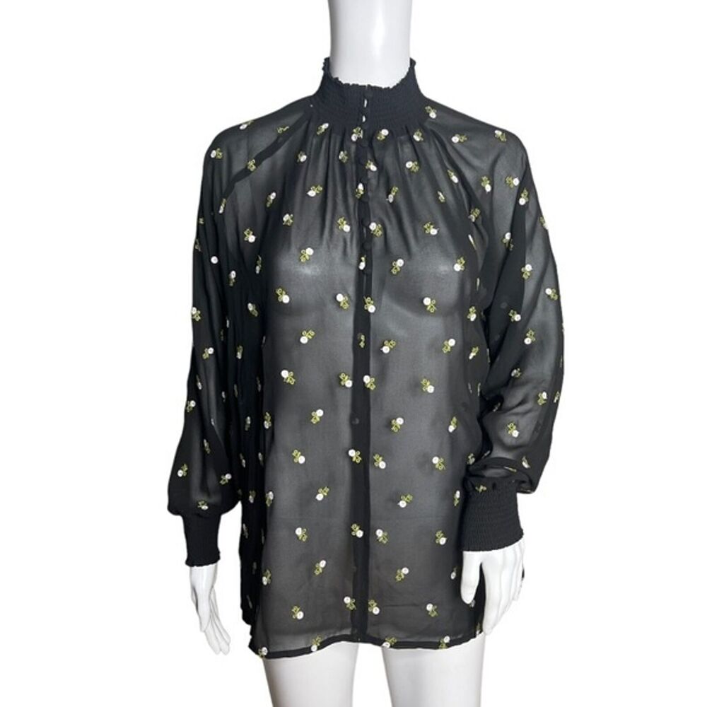 Cabi Shirt Womens Small Black White Alegria Embroidered Floral Sheer Peasant - Picture 1 of 8